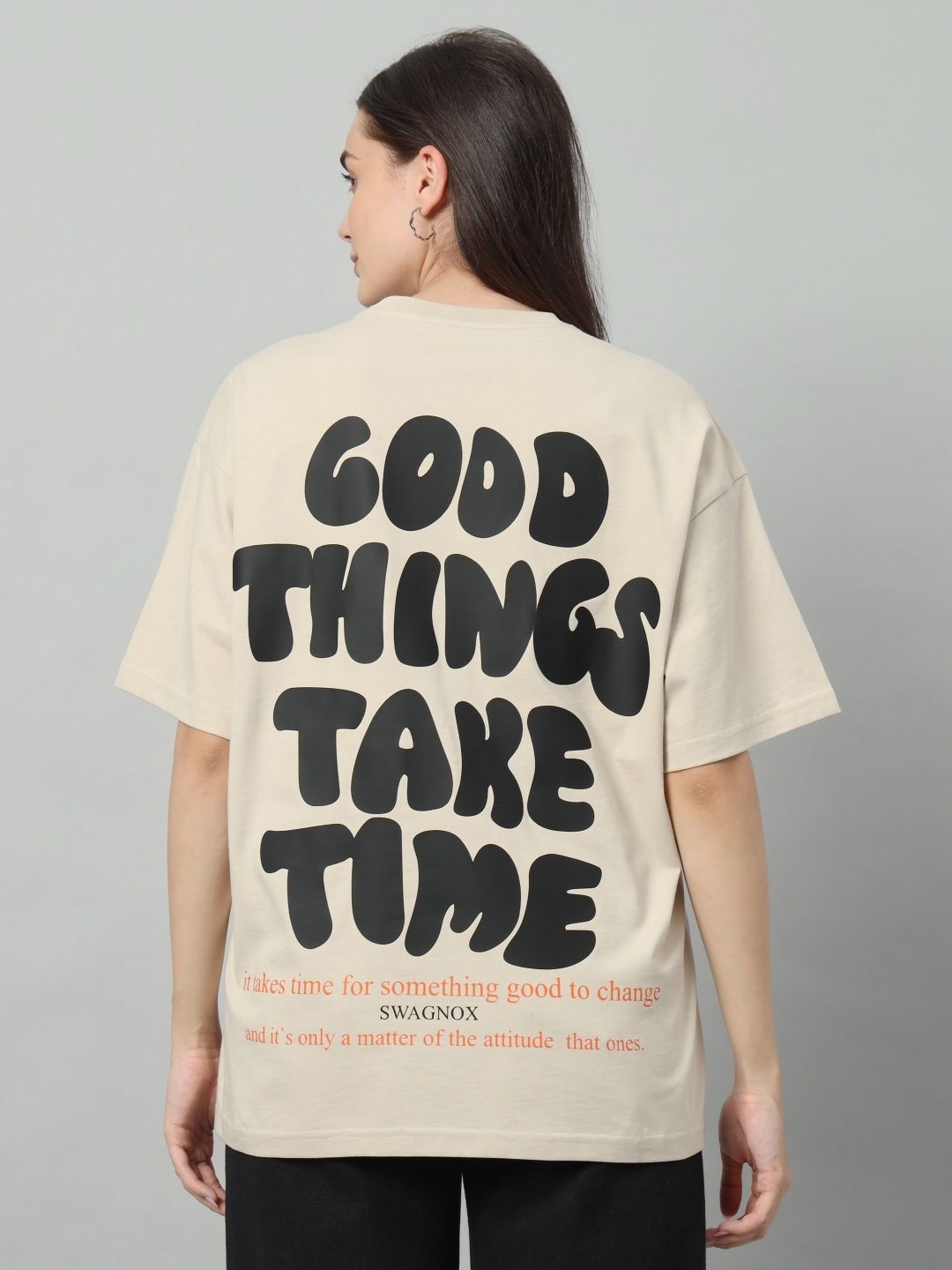 

SWAGNOX Women Typography Printed Round Neck Cotton Oversized T-shirt, Beige