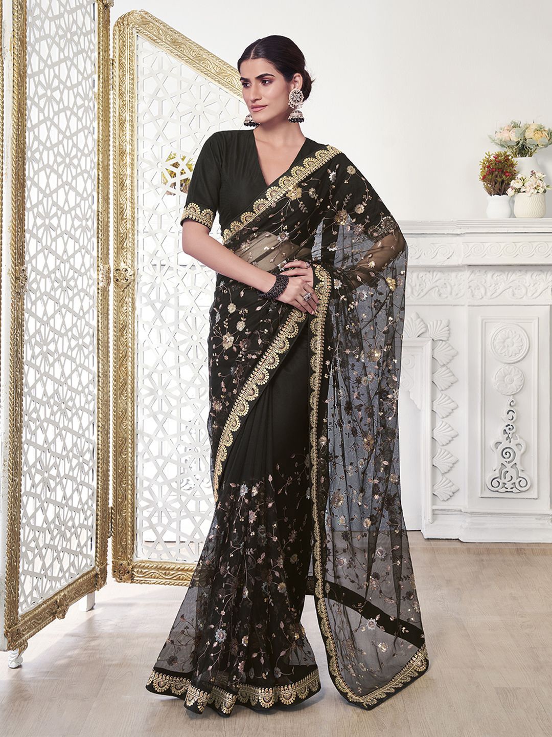 

Inddus Floral Sequinned Net Saree, Black