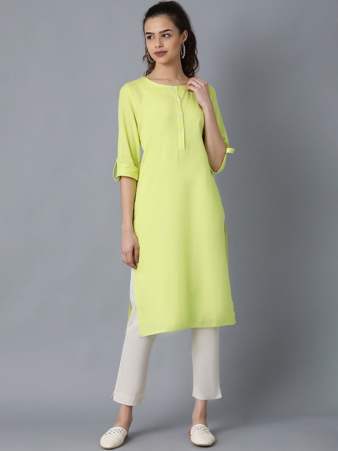

W Roll-Up Sleeves Straight Kurta, Lime green