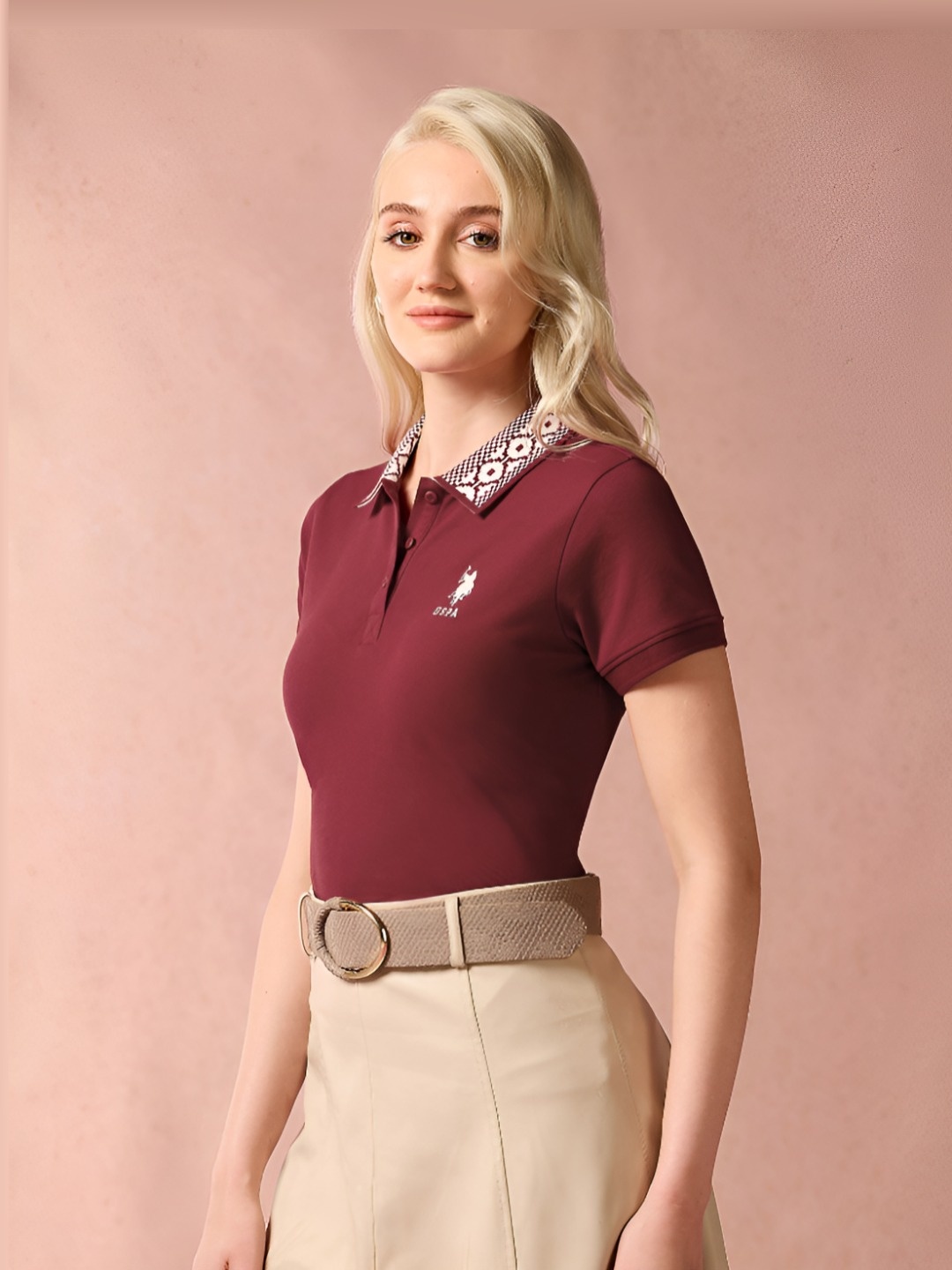 

U.S. Polo Assn. Women Solid Polo Collar Cotton T-Shirt, Maroon