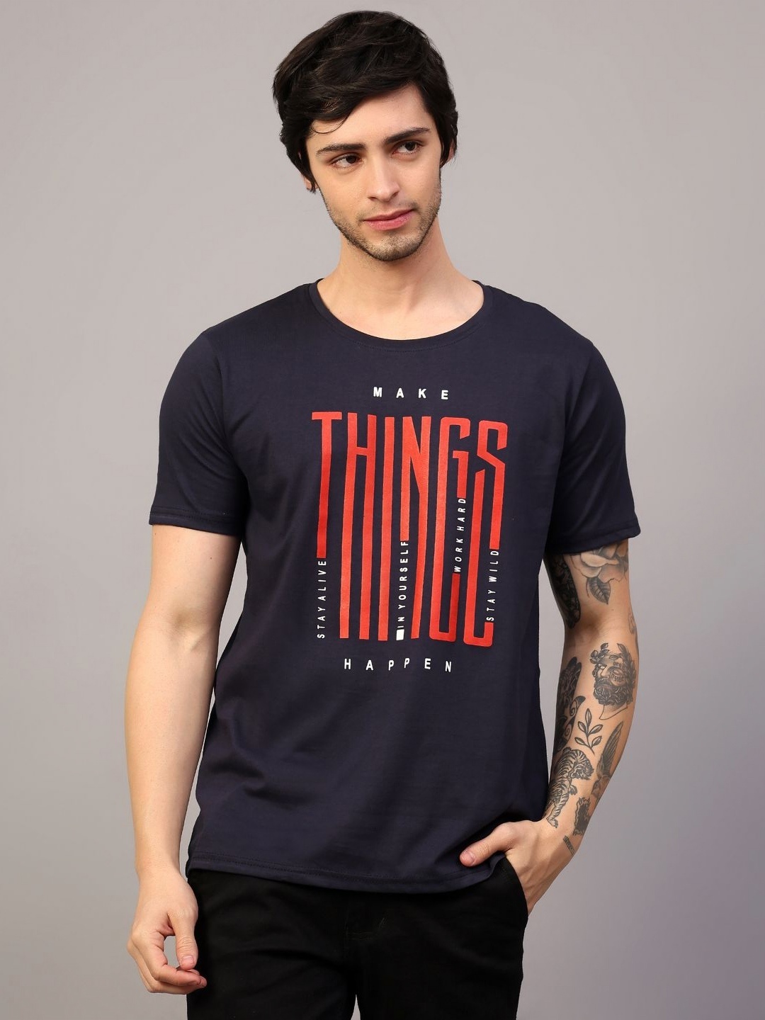 

MANTICORE Men Typography Printed Round Neck Cotton T-shirt, Navy blue