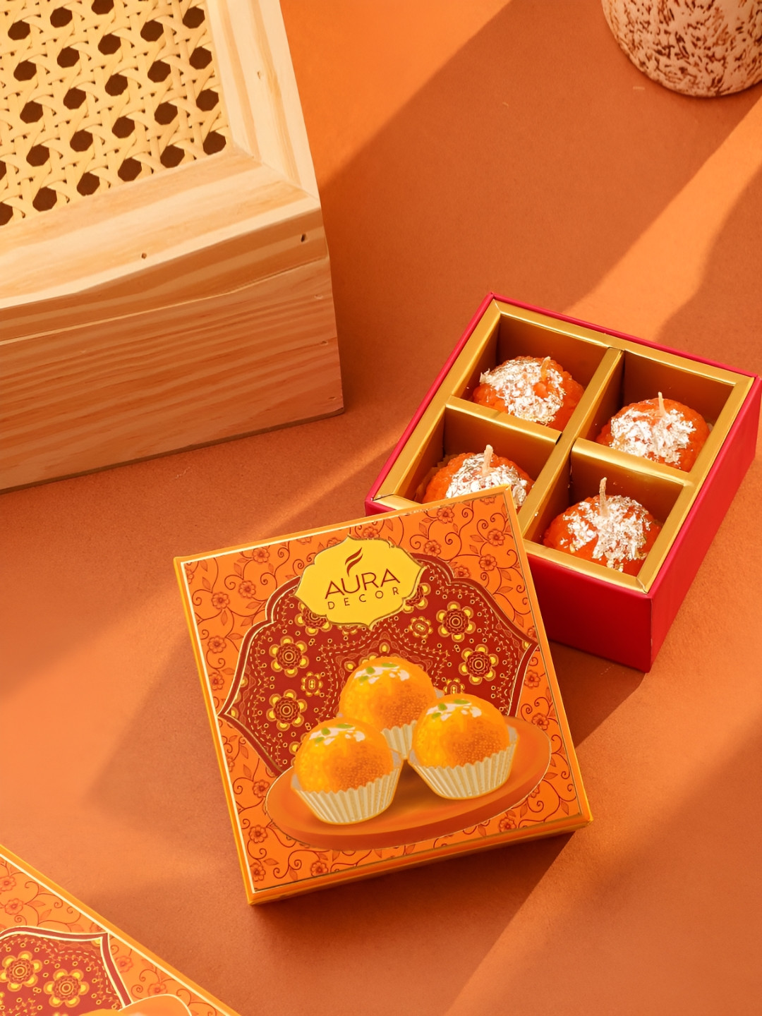 

AuraDecor Orange & Silver Toned 4 Pieces Ladoo Tea Light Candle
