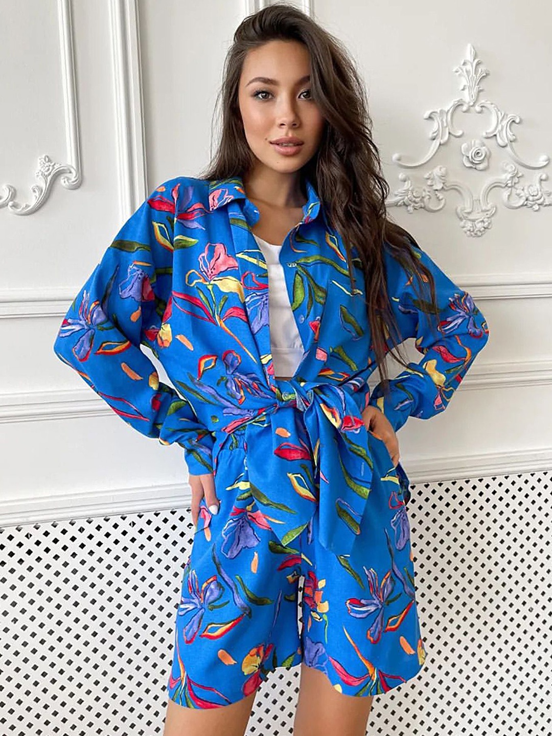 

LULU & SKY Floral Printed Shirt With Shorts, Blue