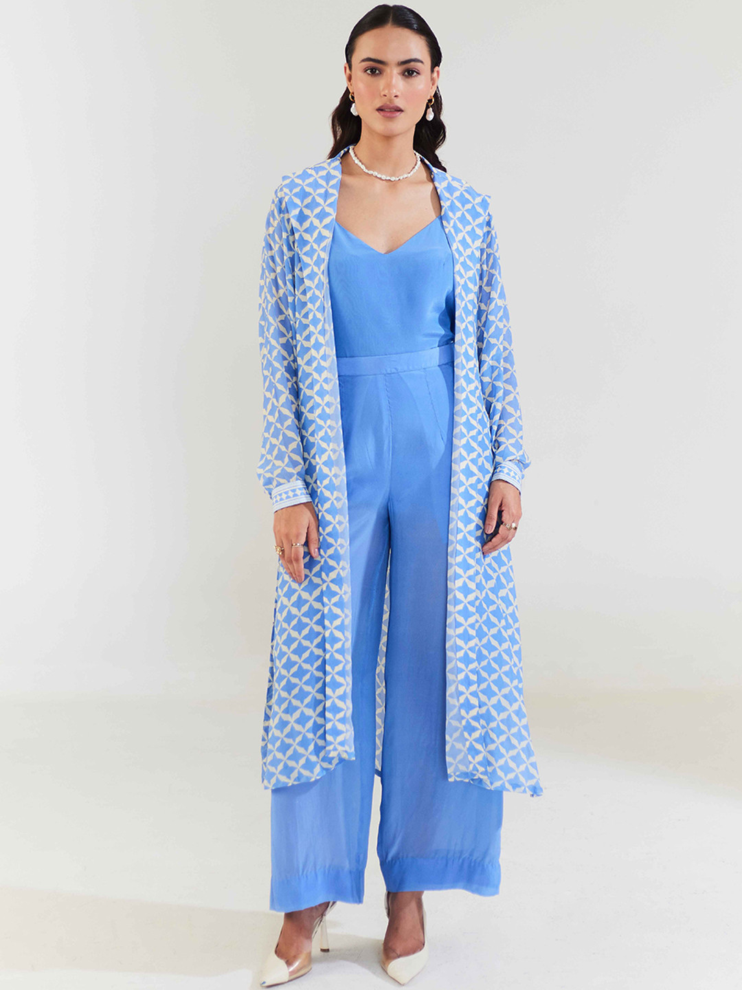 

Seeaash Long Sleeves V-Neck Top With Trouser & Shrug, Blue