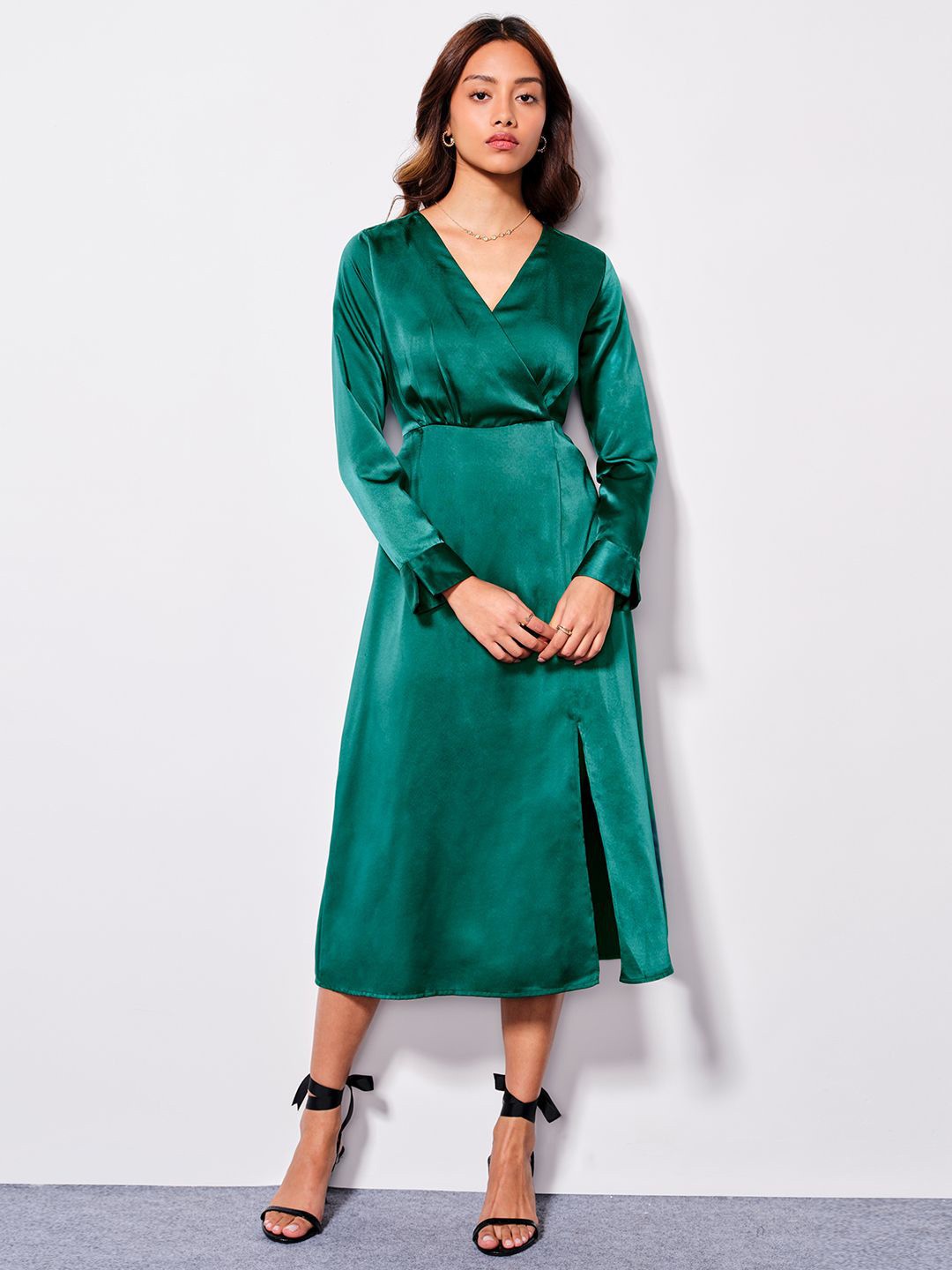 

AND V-Neck Wrap Midi Dress, Green