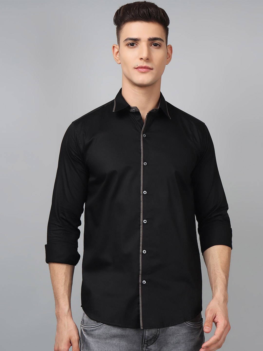 

TRYBUY.IN Men Spread Collar Solid Cotton Semiformal Shirt, Black