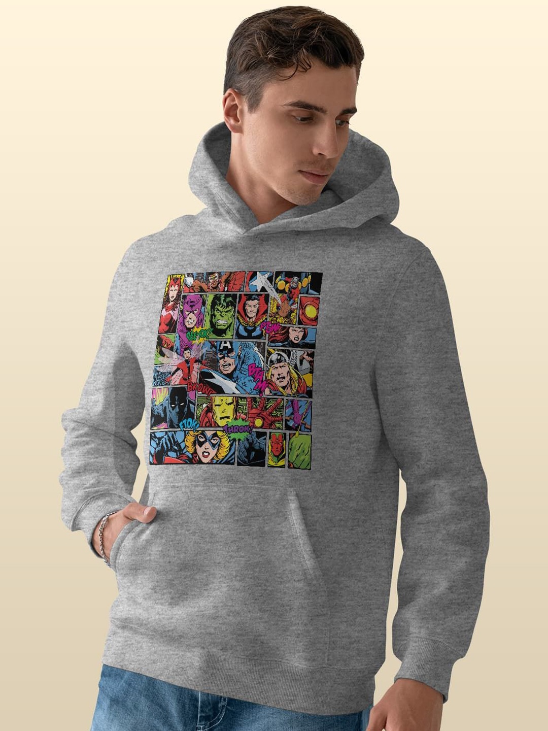 

macmerise Men Printed Hooded Sweatshirt, Grey