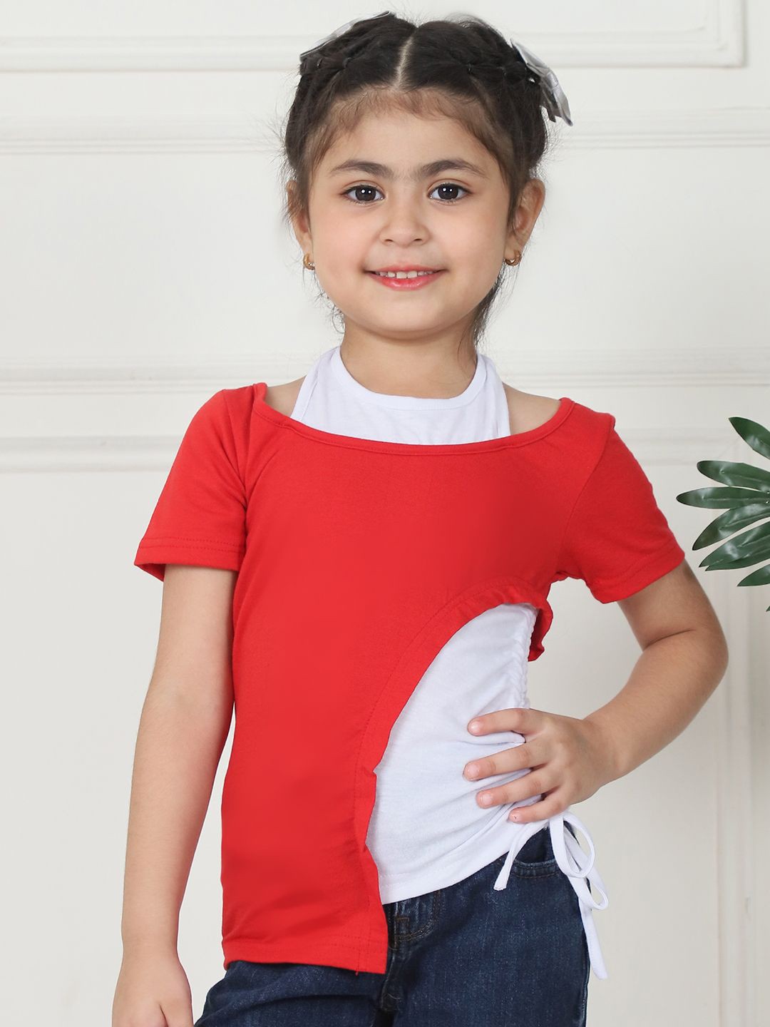 

MINI & MING Girls Layered Cotton Round Neck Top, Red