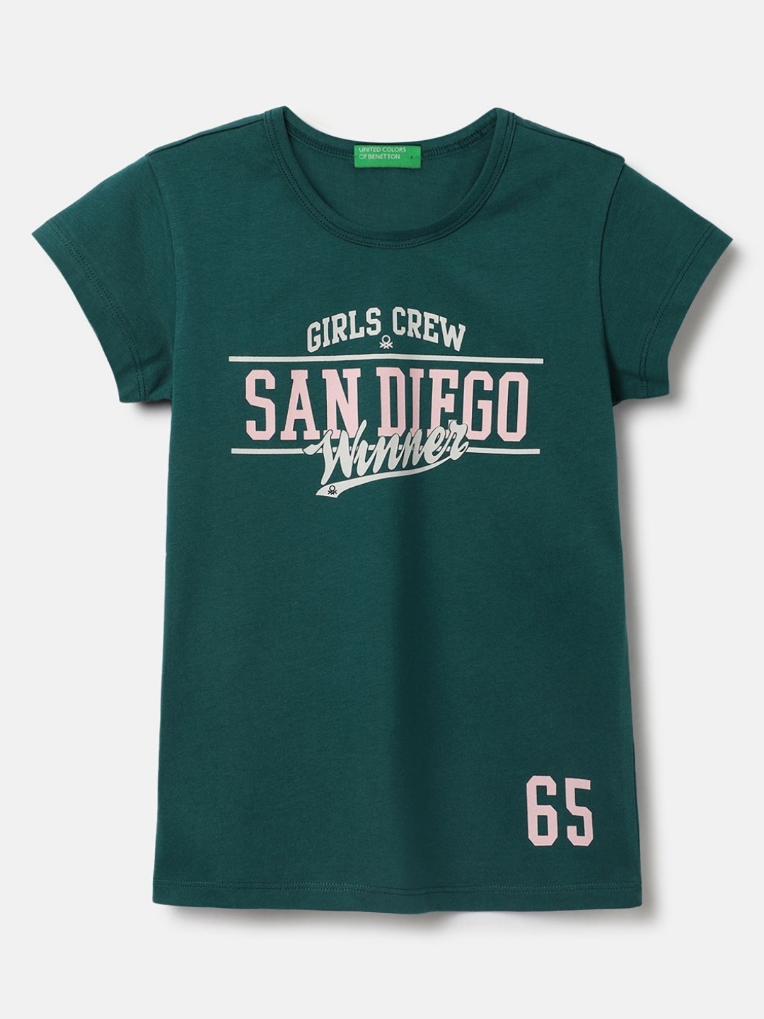 

United Colors of Benetton Girls Typography Pure Cotton Applique T-shirt, Green