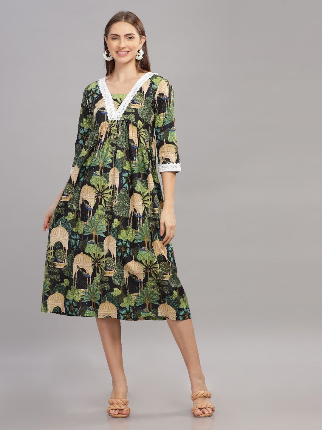 

THE VASILIKI Floral Printed A-Line Midi Dress, Green