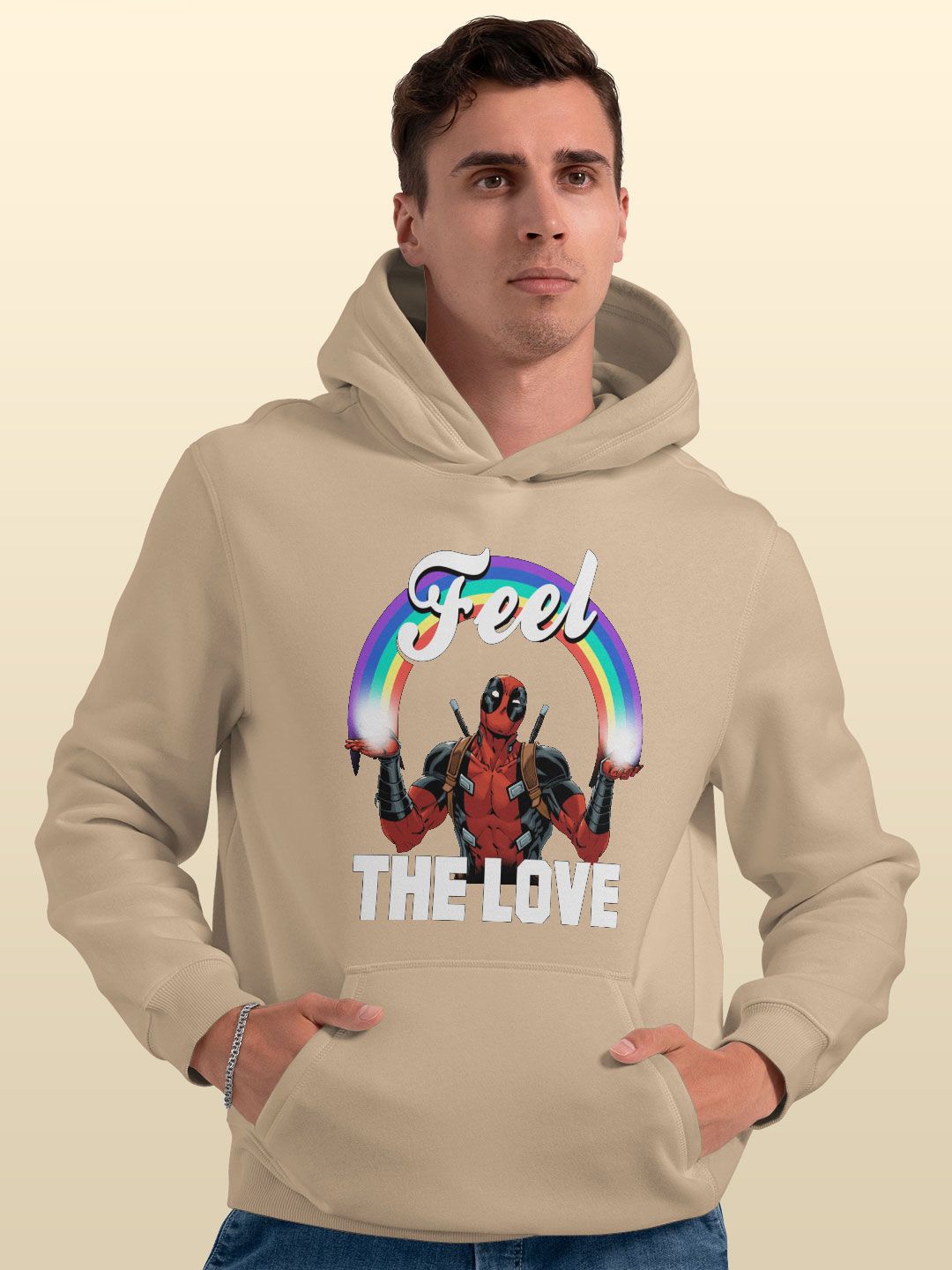 

macmerise Men Printed Hooded Sweatshirt, Beige