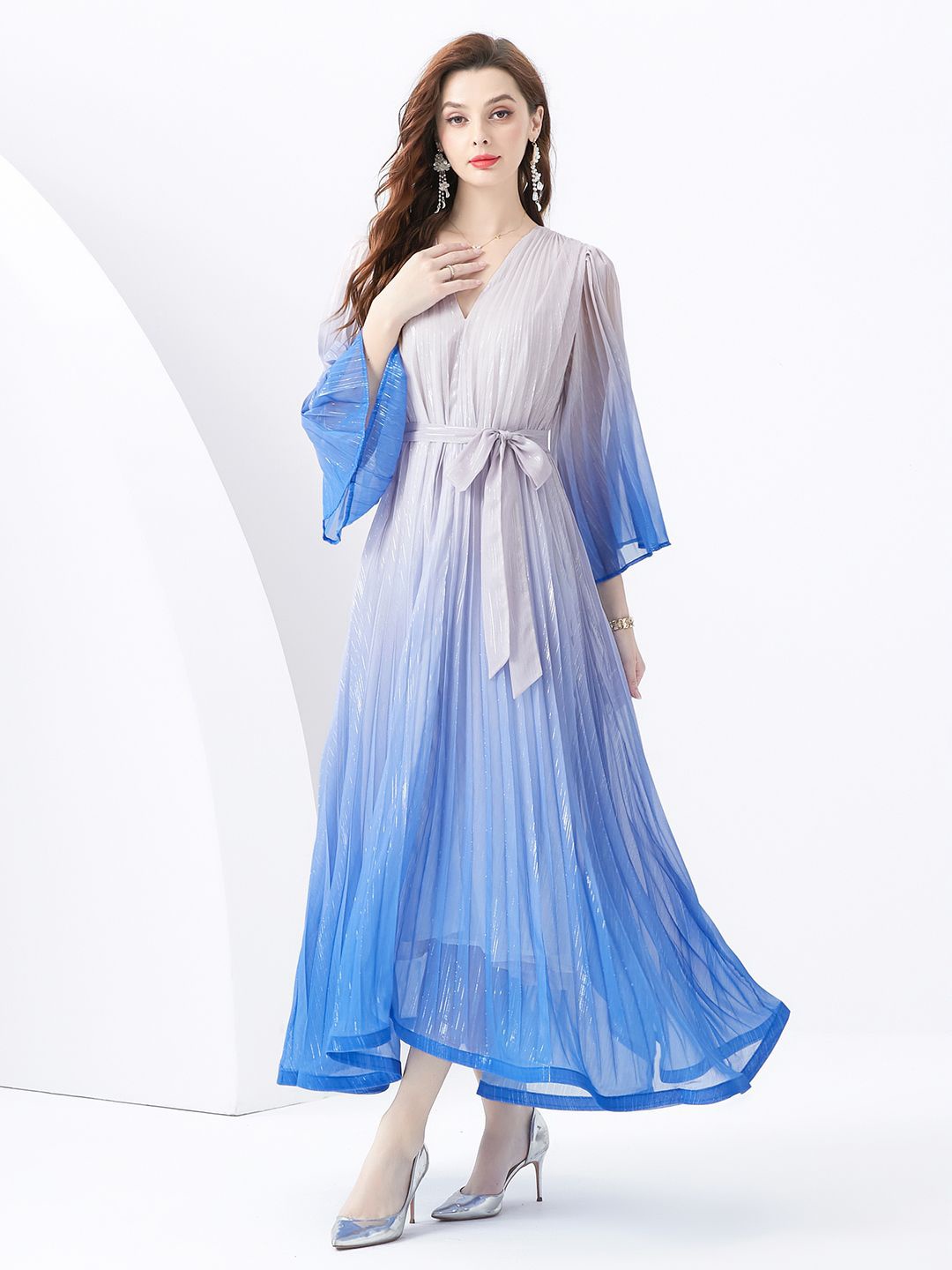 

JC Collection V-Neck Ombre Effect Flared Sleeve Maxi Dress, Blue