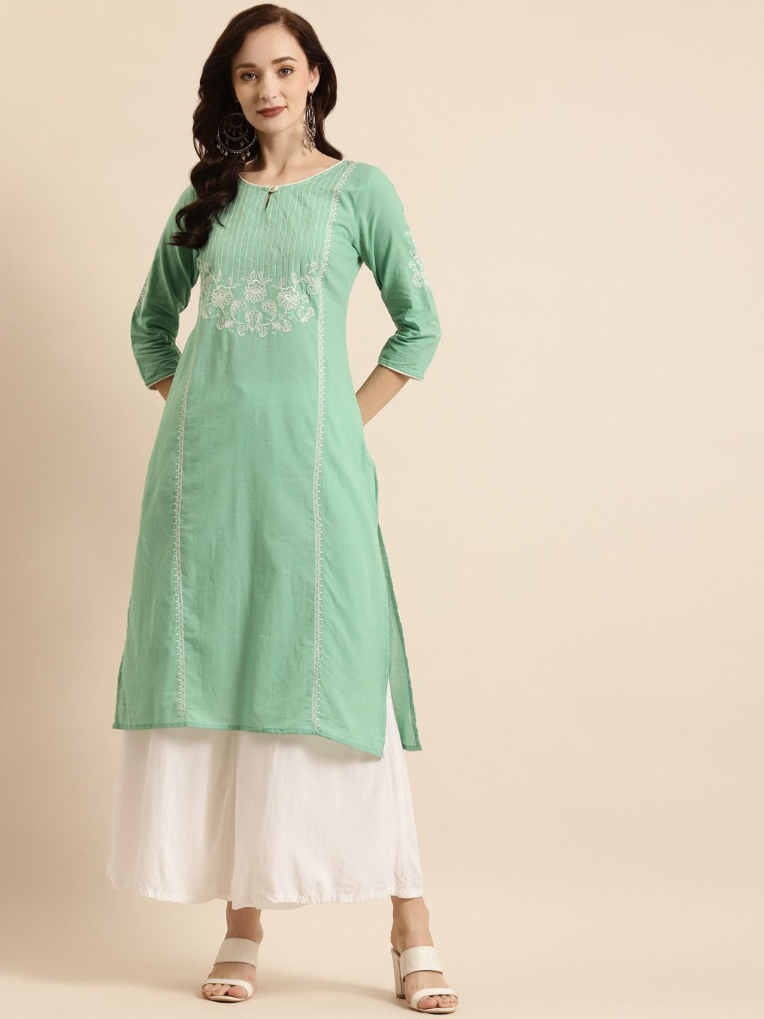 

Anouk Green Floral Yoke Design Thread Work Cotton Straight Kurta