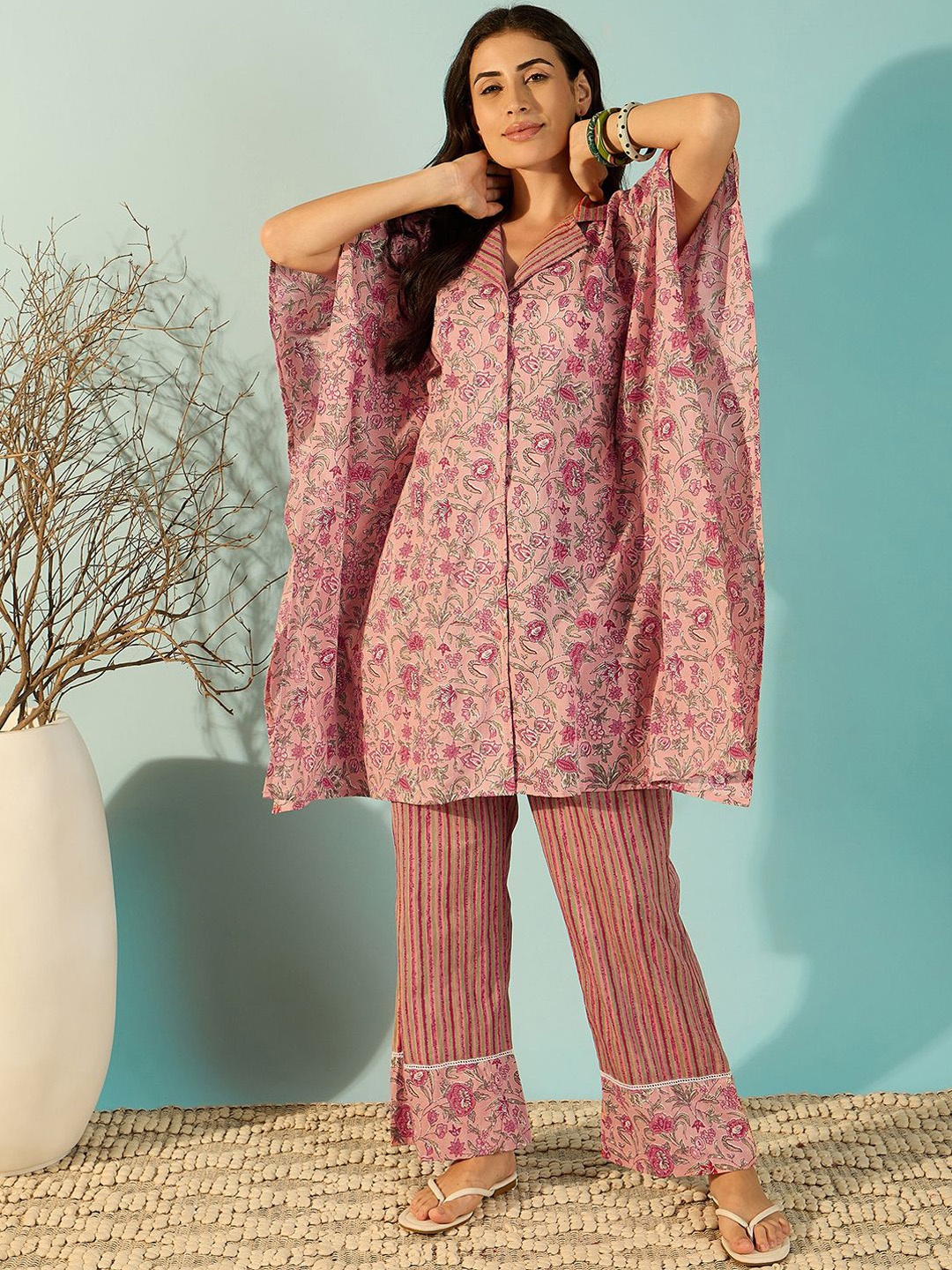 

The Kaftan Company Printed Pure Cotton Tunic With Trousers Co-Ords, Pink