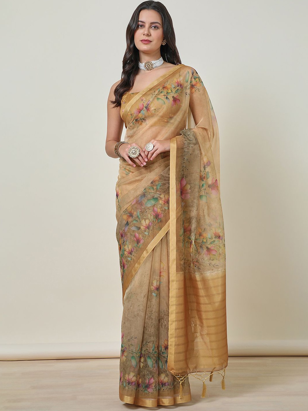 

Soch Women Organza Floral Saree With Tassels, Gold