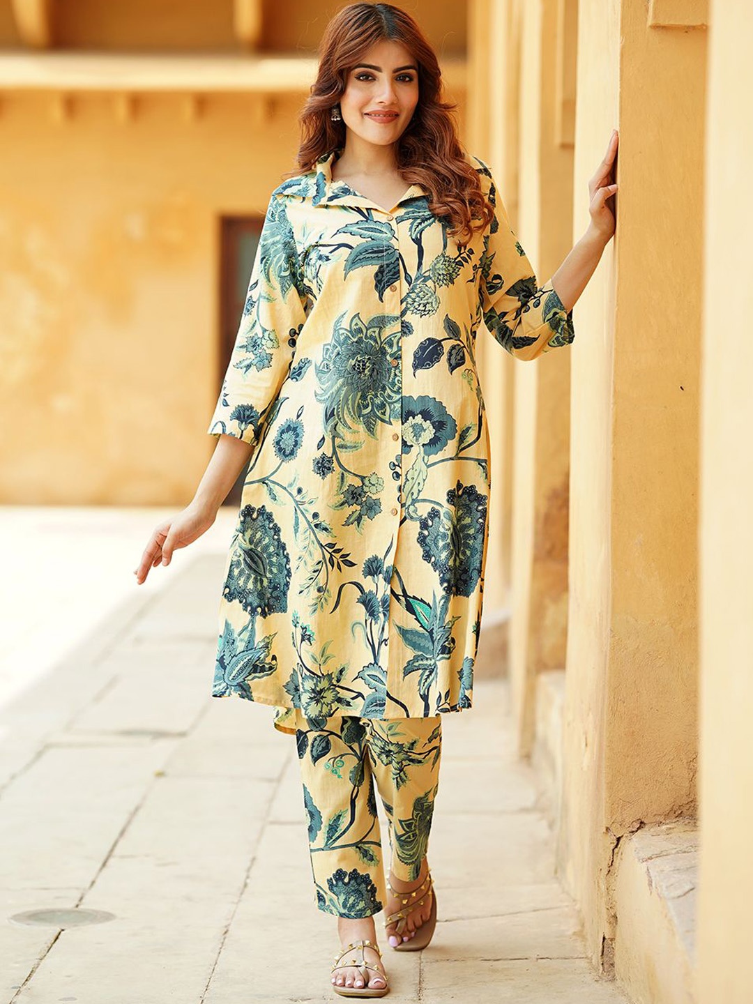 

KALINI Floral Printed Pure Cotton Tunic With Trousers, Beige