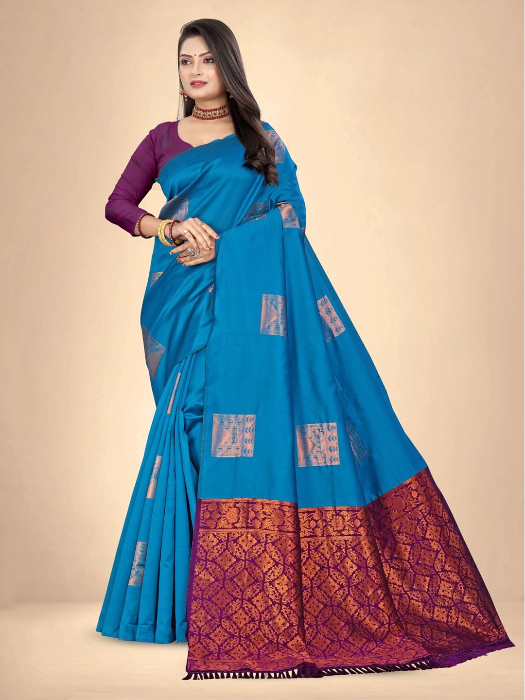 

Abhilasha Kanjeevaram Pure Silk Ethnic Motifs Zari Traditional Saree, Blue