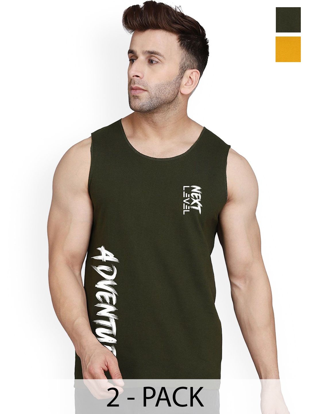 

SLOWLORIS Pack Of 2 Printed Gym Innerwear Vests SL26 COMBO (LOUD MUSTARD) (ADV OLIVE)