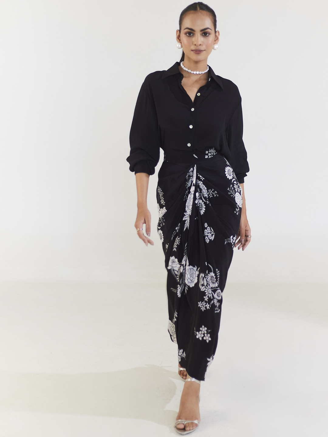 

Seeaash Printed Shirt With Draped Skirt, Black