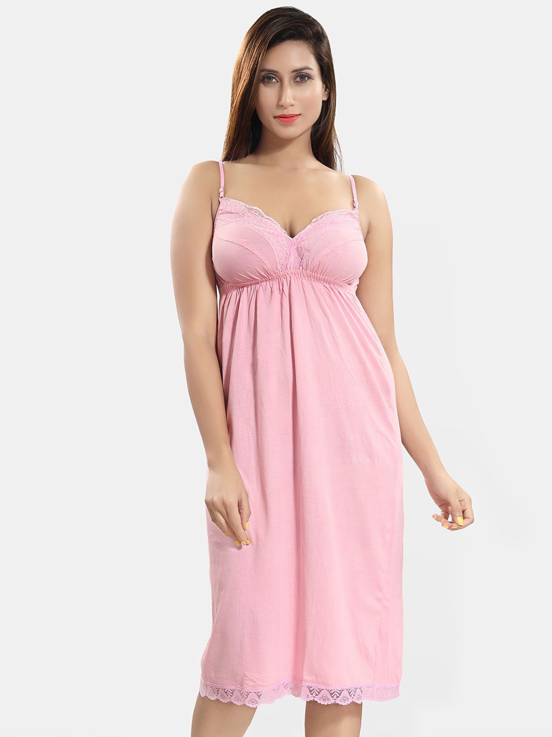 

Be You Women Shoulder Strap Knee Length Empire Nightdress, Pink