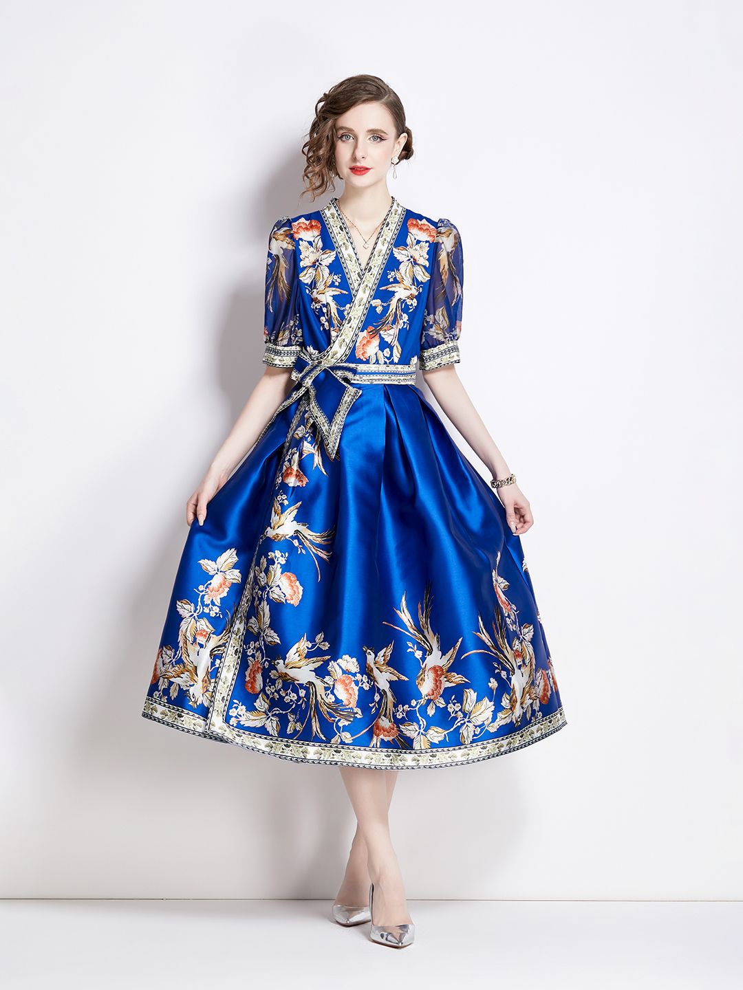 

JC Collection Printed Puff Sleeves Fit & Flare Midi Dress, Blue