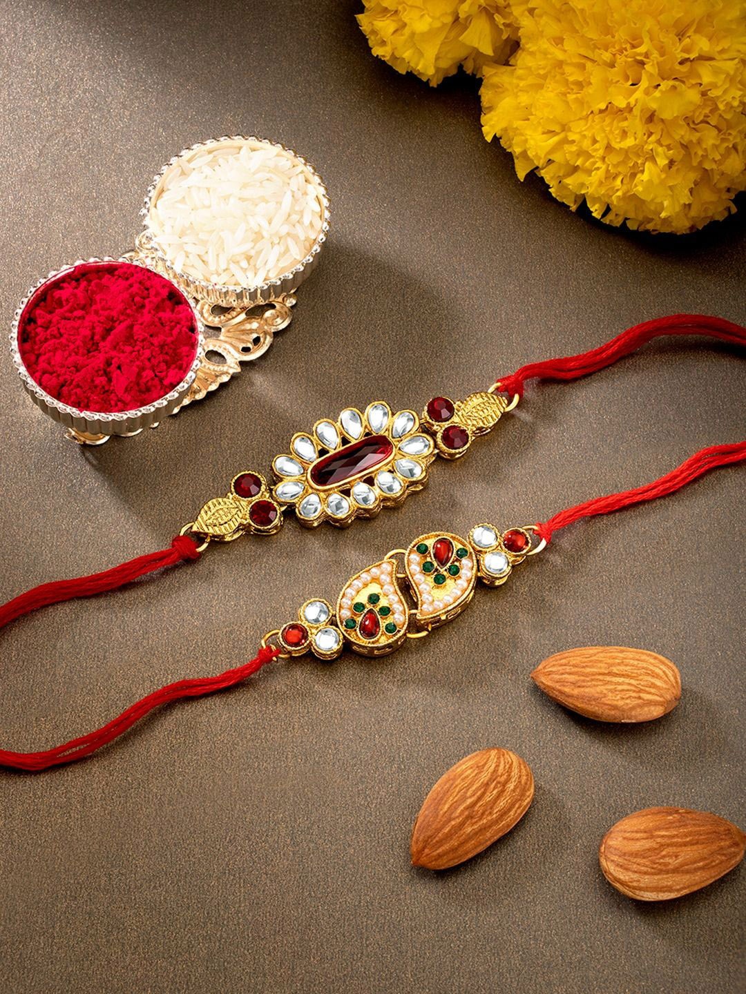 

Peora Set Of 2 Kundan Studded Thread Rakhis With Chawal Roli Greeting Card, Red
