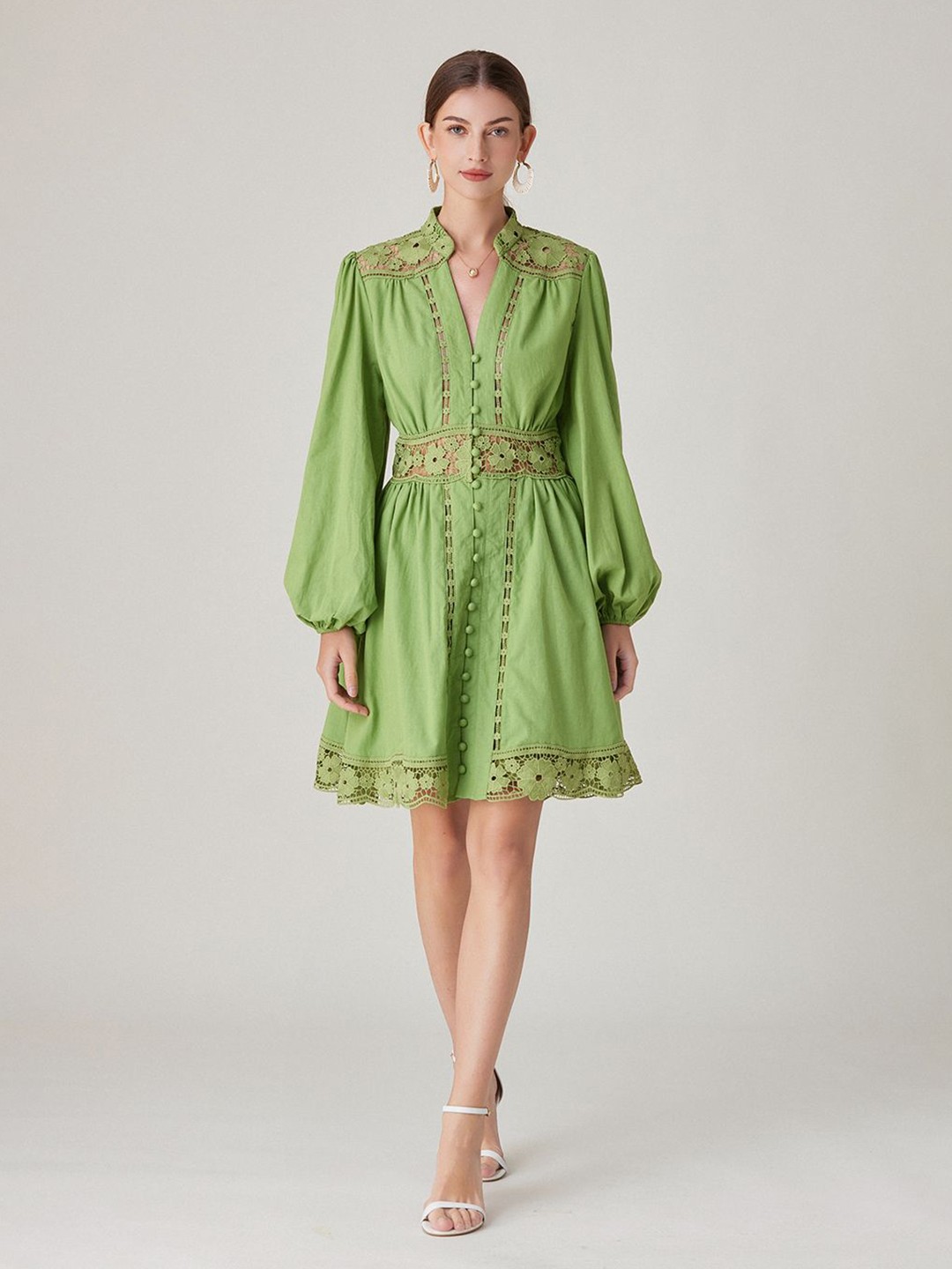 

JC Collection Self Design Mandarin Collar Fit and Flare Dress, Green