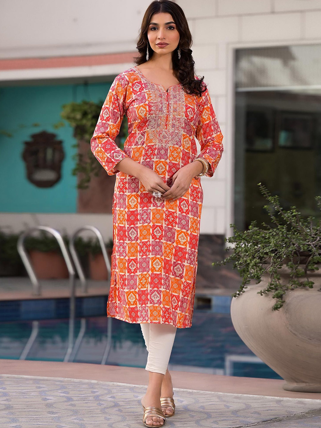 

Peachmode Printed Straight Kurta, Red