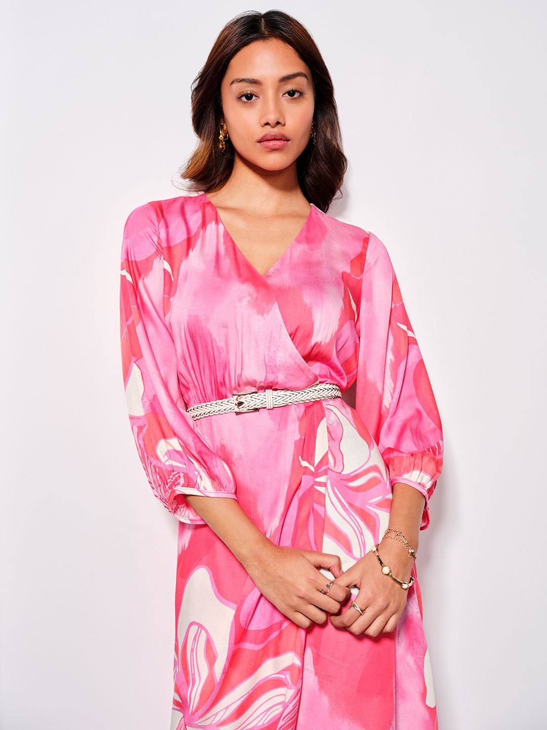 

AND Tie and Dye Wrap Midi Dress with Belted Detail, Pink