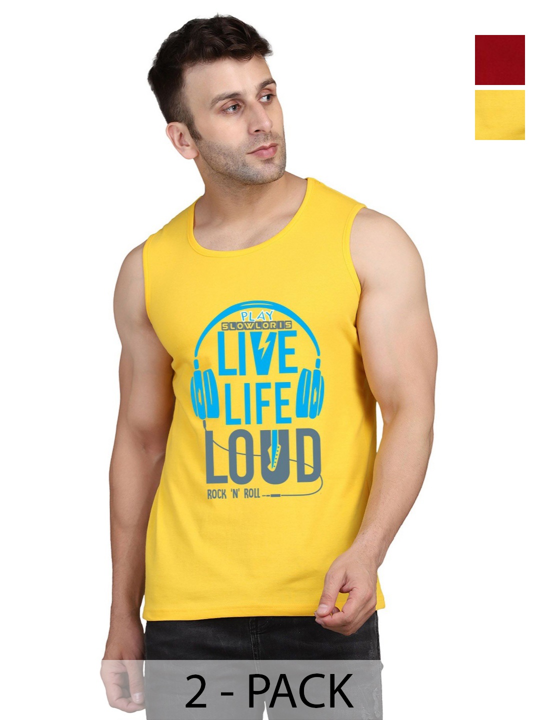 

SLOWLORIS Men Pack Of 2 Typography Printed Round Neck Cotton Slim Fit T-shirts, Yellow