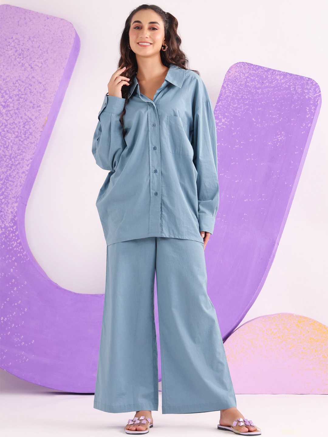 

JISORA Shirt Collar Long Sleeves Pure Cotton Co-Ord, Blue