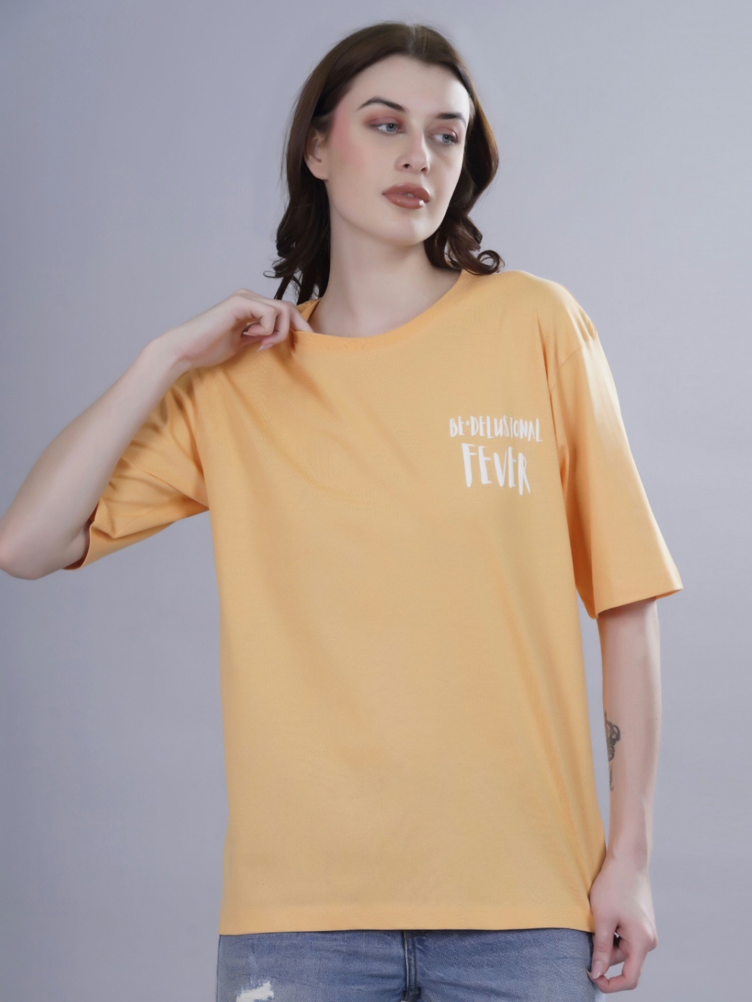 

FEVER HUNT Women Typography Printed V-Neck Pockets T-shirt, Orange
