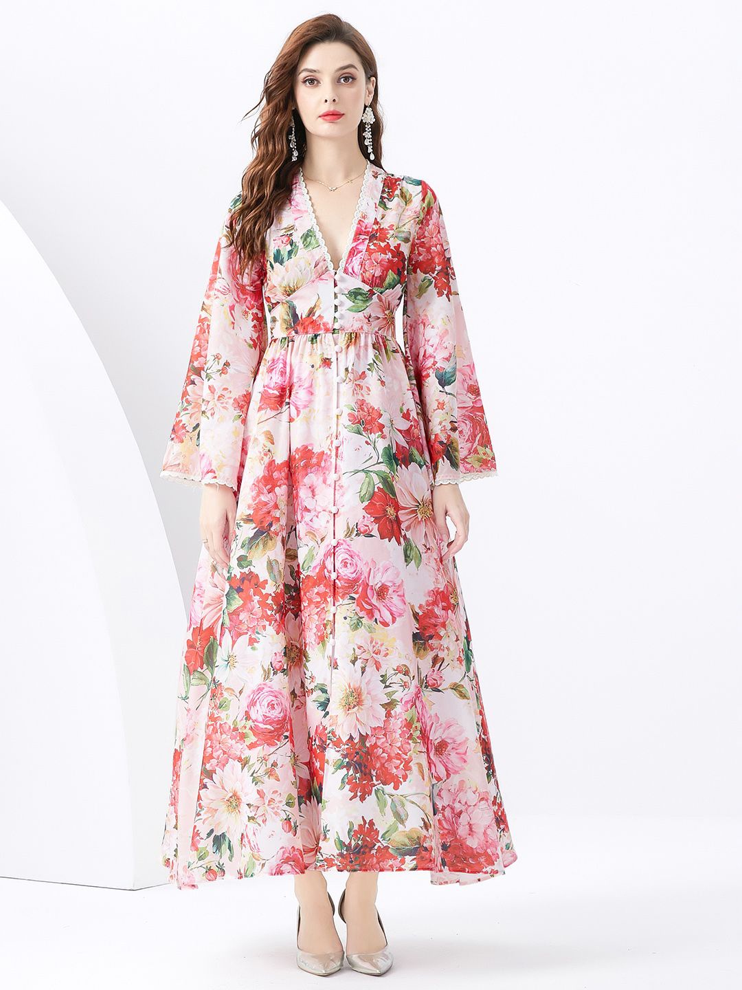 

JC Collection Floral Printed Flared Sleeve Fit & Flare Maxi Dress, Red