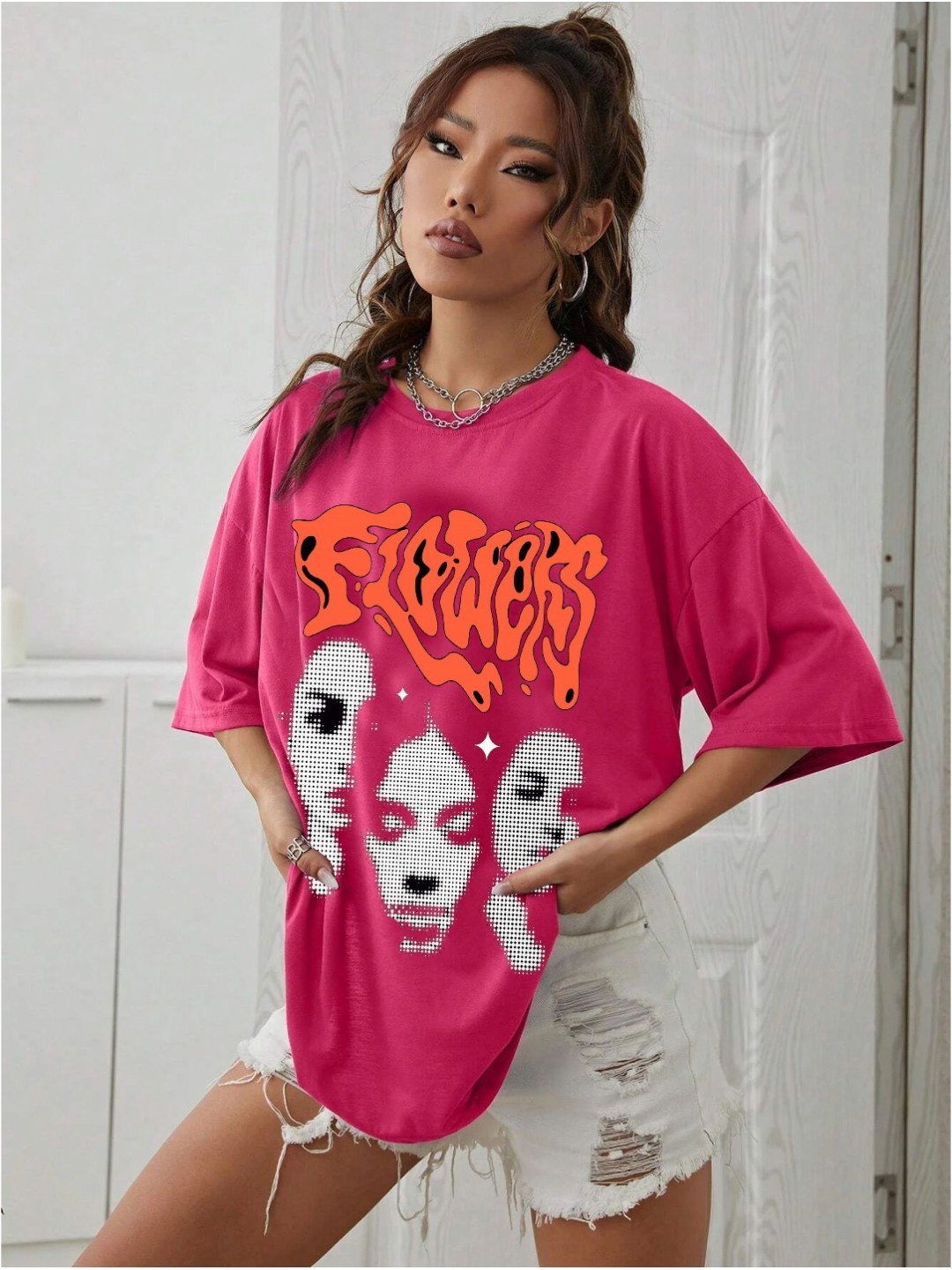 

TABADTOD Women Abstract Printed Oversized T-shirt, Pink