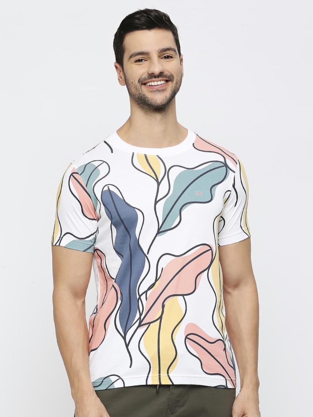 

Basics Men Graphic Printed Round Neck Cotton Slim Fit T-shirt, White