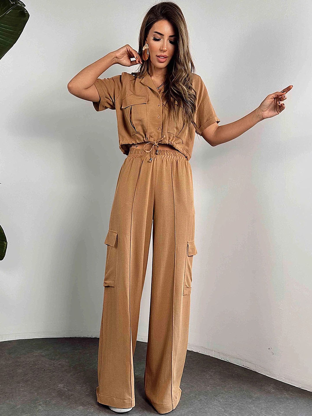 

LULU & SKY Drawstring-Hem Shirt With Trouser, Coffee brown