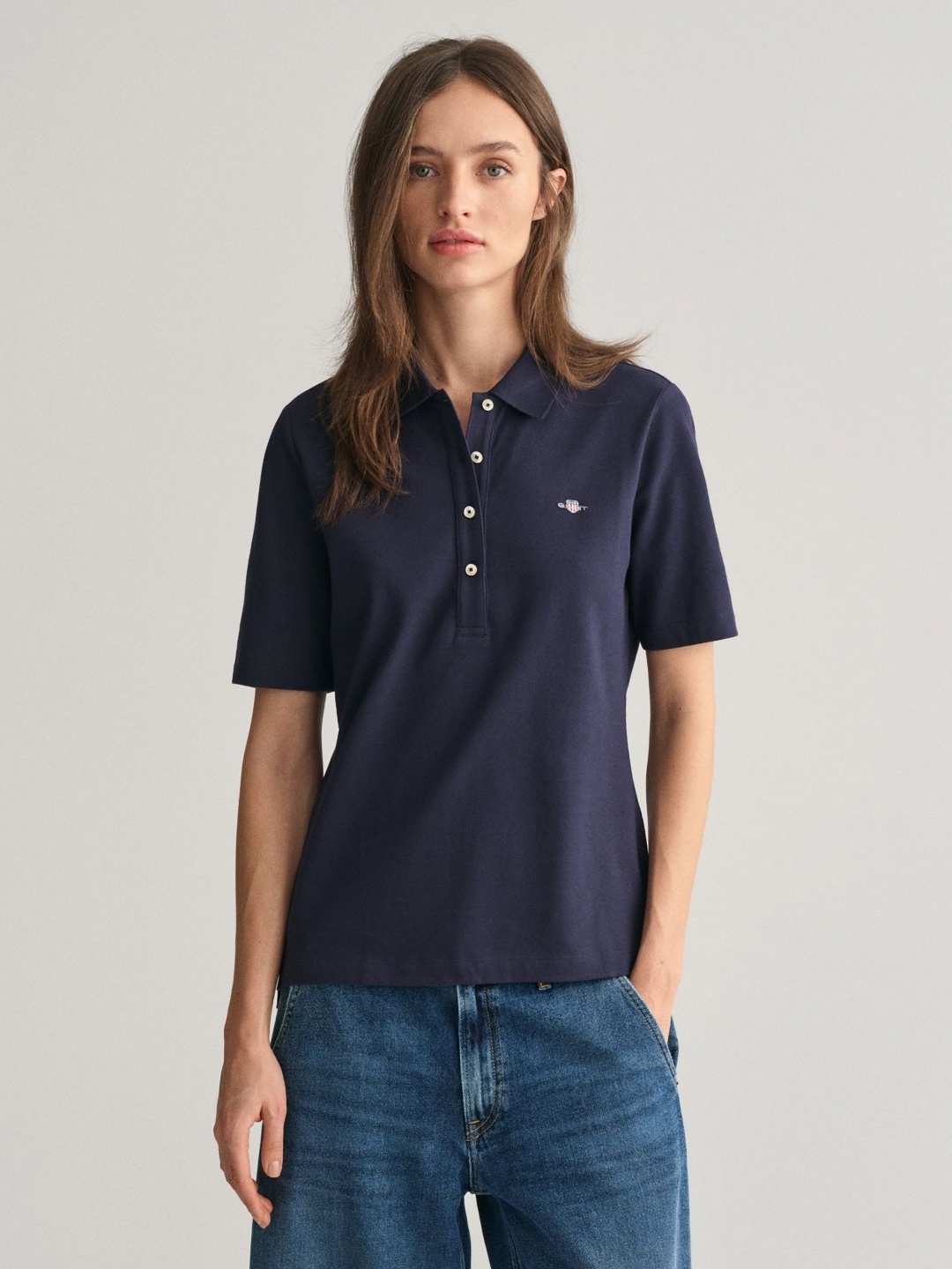 

GANT Women Solid Polo Collar Cotton Slim Fit T-Shirt, Blue