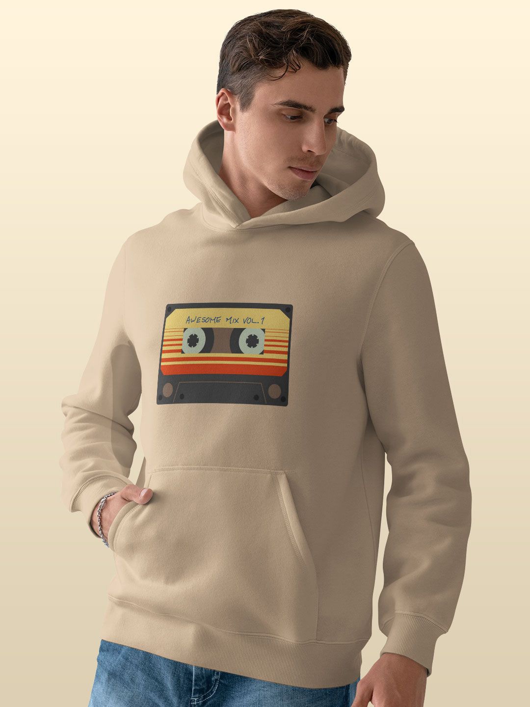 

macmerise Men Printed Hooded Sweatshirt, Beige