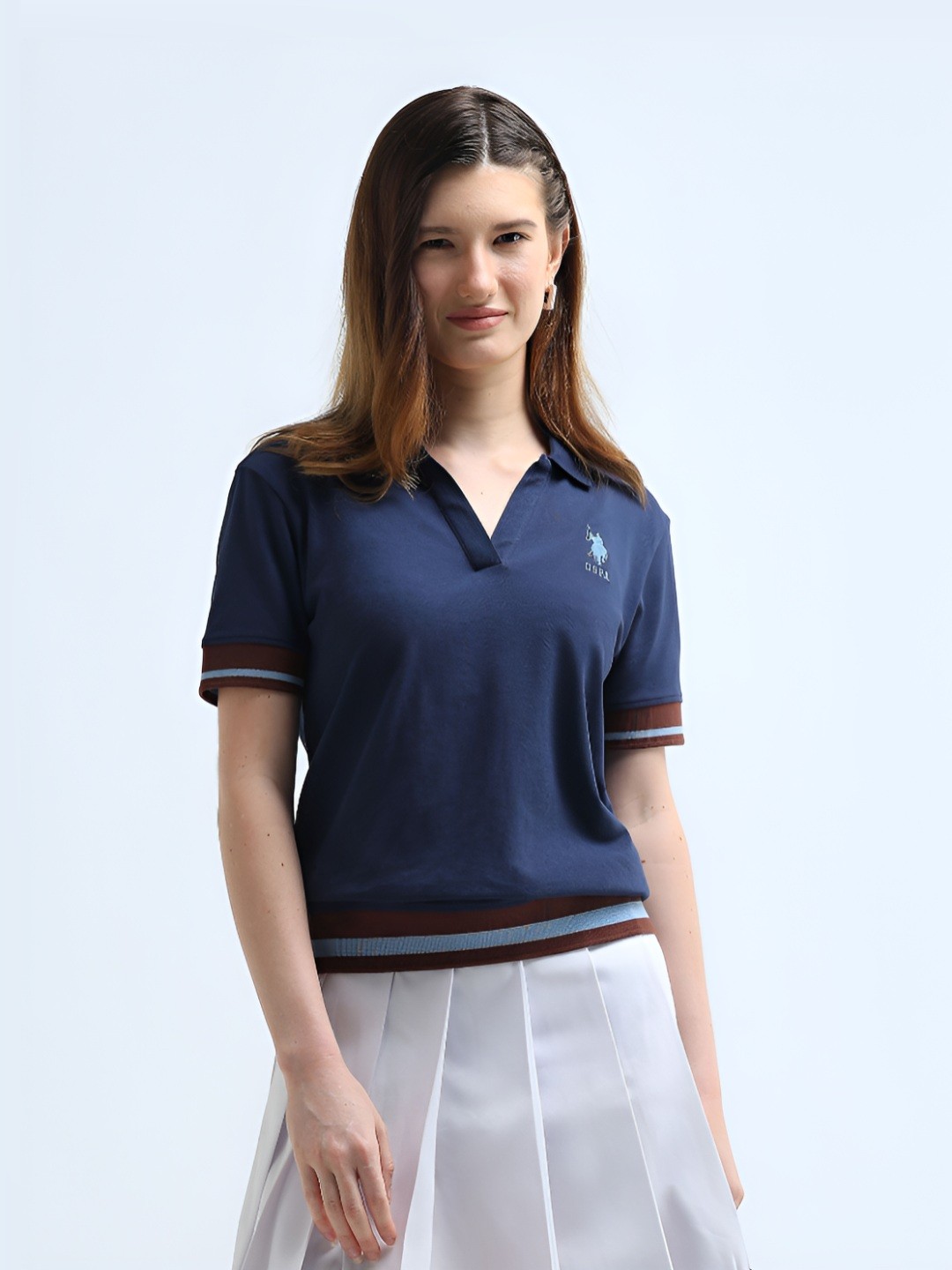 

U.S. Polo Assn. Women Solid Polo Collar Cotton T-Shirt, Navy blue