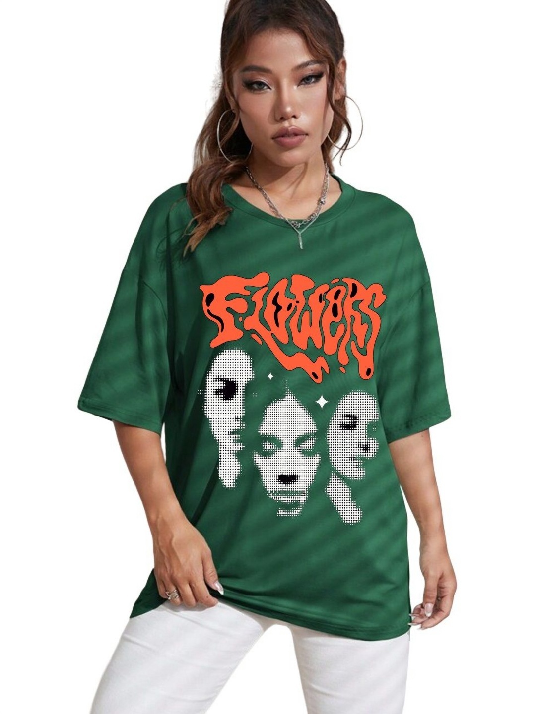 

TABADTOD Women Abstract Printed Oversized T-shirt, Green
