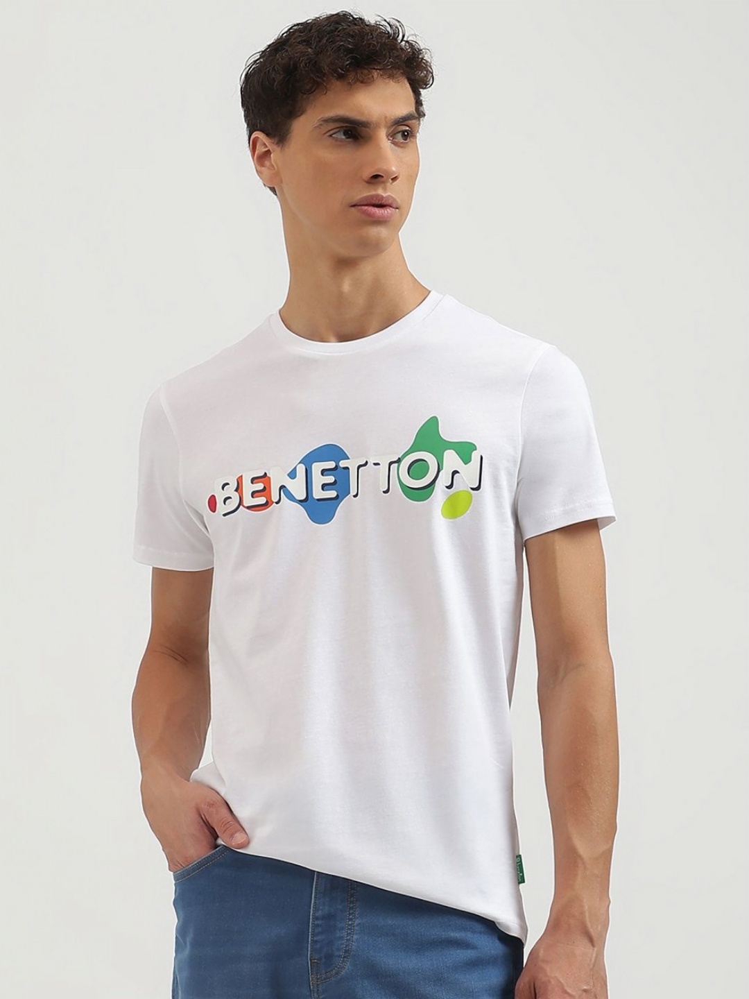 

United Colors of Benetton Men Printed Pure Cotton Raw Edge T-shirt, White
