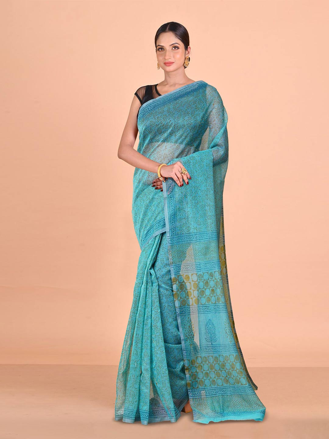 

Unnati Silks Ethnic Motifs Supernet Block Print Saree, Turquoise blue