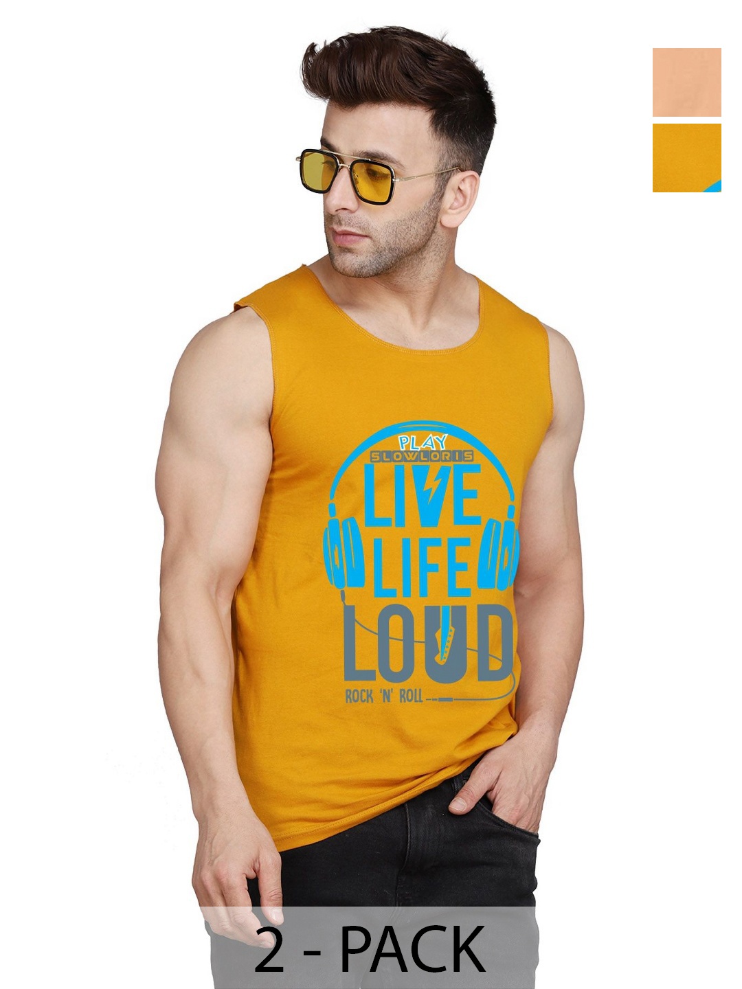 

SLOWLORIS Men Pack Of 2 Typography Printed Round Neck Cotton Slim Fit T-shirts, Mustard