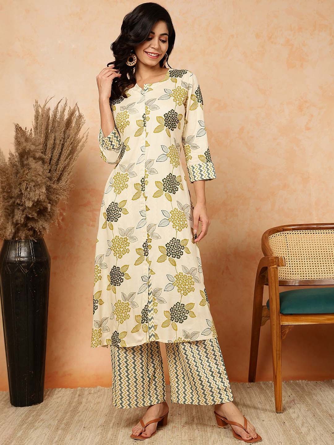 

KIMAYRA Floral Printed Straight Kurta with Palazzos, Cream