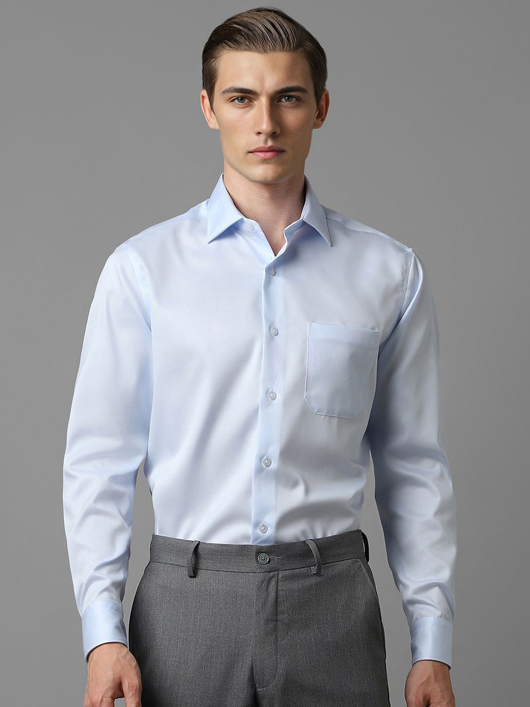 

Louis Philippe Men Classic Spread Collar Solid Cotton Formal Shirt, Blue
