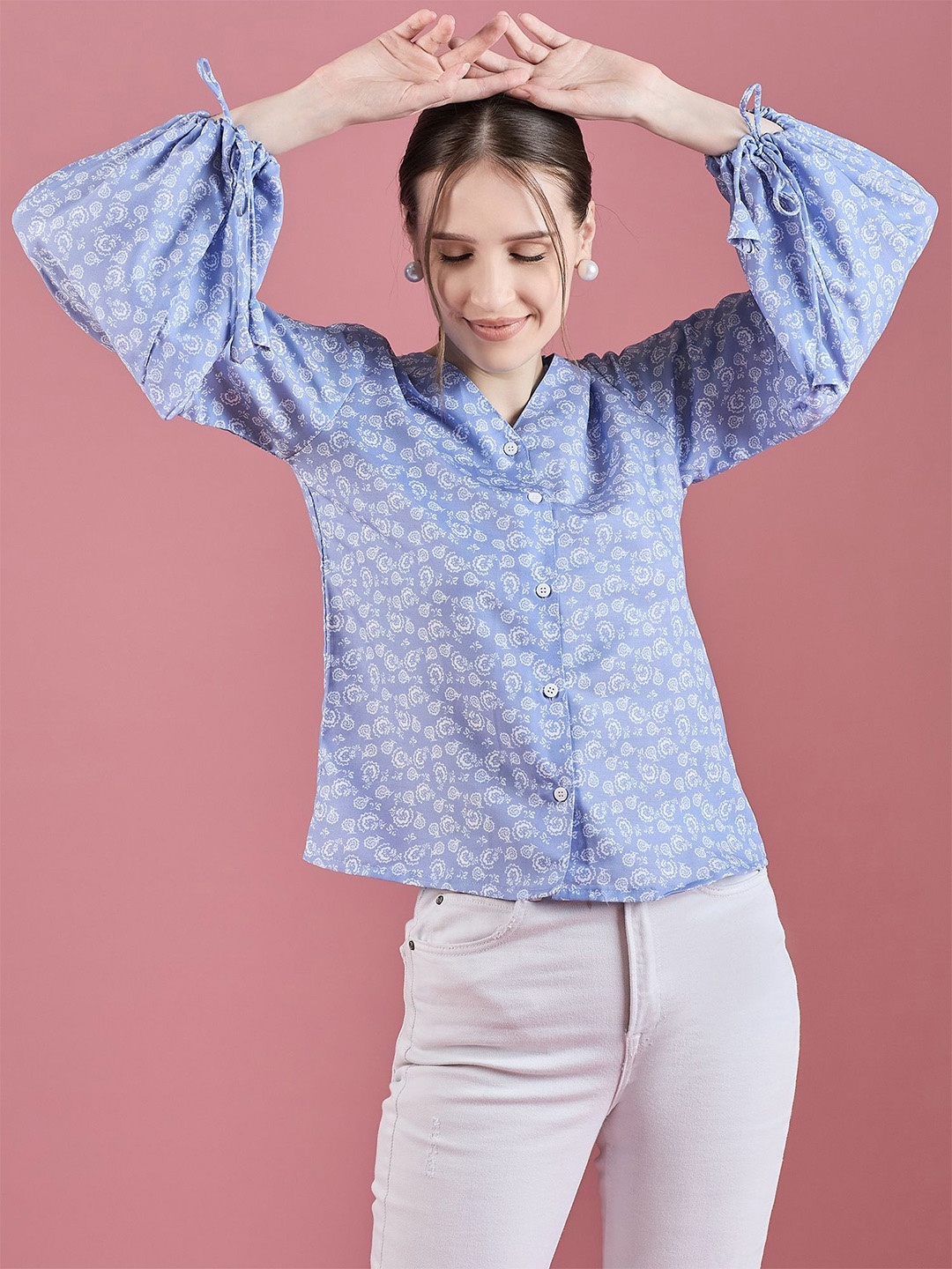 

DressBerry Floral Print Bell Sleeve Shirt Style Top, Blue