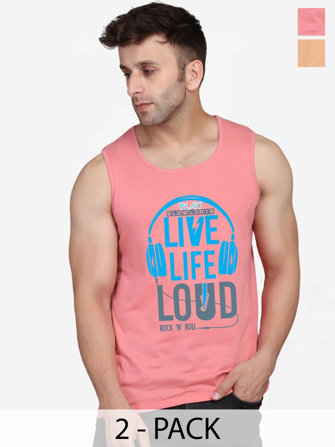 

SLOWLORIS Pack Of 2 Printed Sleeveless Gym Vests, Peach