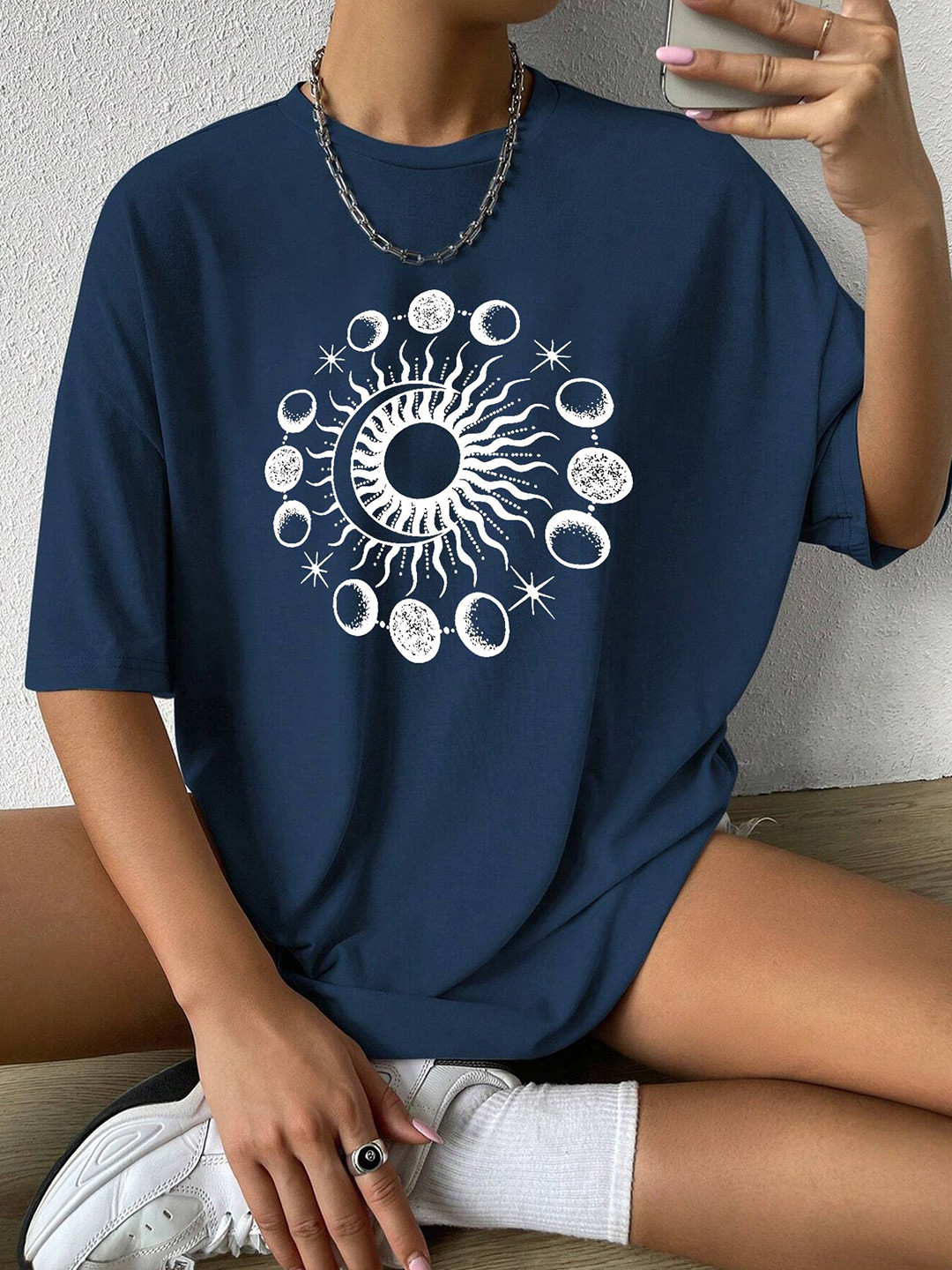 

TABADTOD Women Graphic Printed Oversized T-shirt, Navy blue