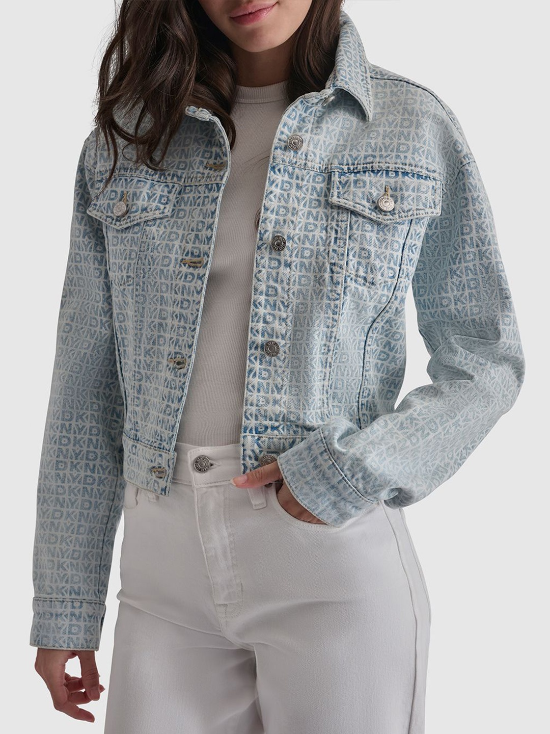 

DKNY Women Washed Crop Denim Jacket with Patchwork, Blue
