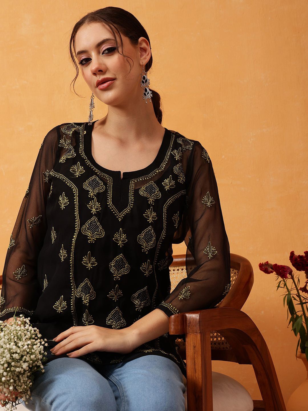 

ADA Ethnic Motifs Embroidered Kurti, Black